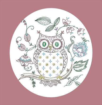 V2003BXL Owl Bird & Floral Crewel Jacobean / Elizabethan